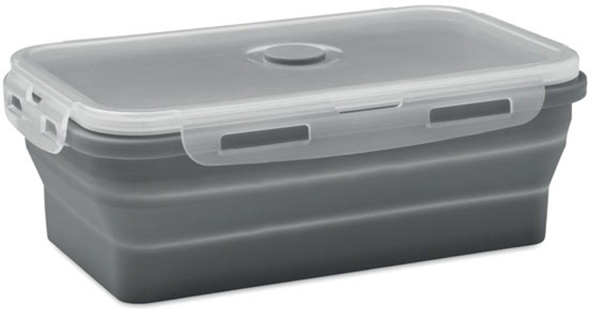 Inklapbare siliconen lunchbox met PP deksel en siliconen ventiel. Inhoud: 1200ml. Grijs