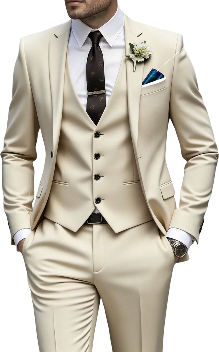 Currero 3 Delig Herenpak Met Overhemd - Suit 2 Delig - Tailored Fit Kostuum - Business Pak - Trouwpak - Smoking - Tuxedo Stijl - Bruiloft, Kantoor & Feest - Beige L