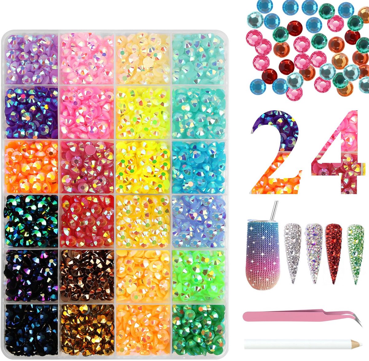 Nagelkunst strass 24 kleuren 6 mm - platte achterkant nageledelstenen - inclusief pick-up pincet - ShopVlot
