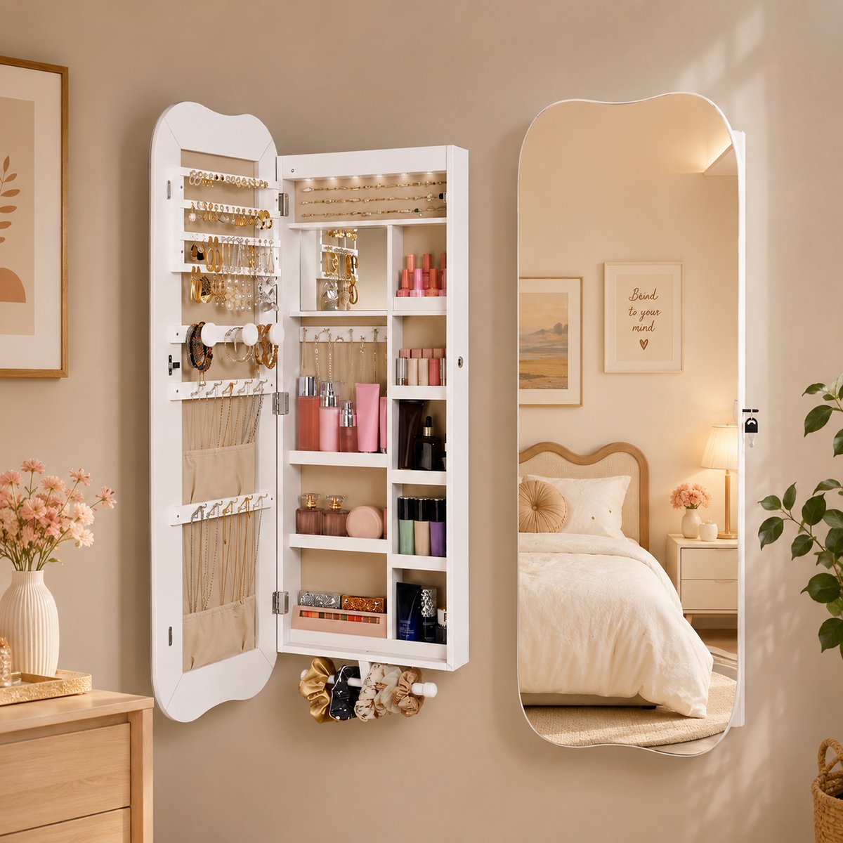 Merkloos Wandgemonteerde Sieradenkast met Spiegel, LED-verlichting, Wit exterieur en Greige interieur, Met slot, voor slaapkamer, badkamer en kleedkamer