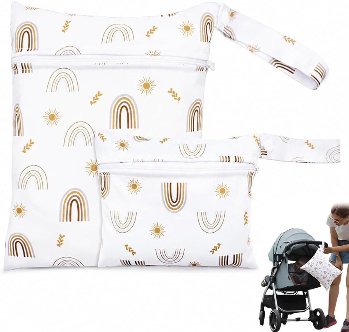 waterdichte stoffen luierzakken 2 stuks - klein + medium - gouden regenboog - hersluitbare tas voor baby's - ShopVlot