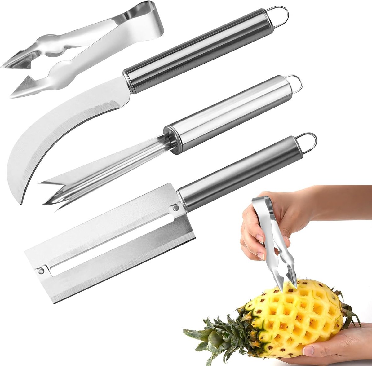Ananassnijder set - RVS ananasmes - Multifunctioneel met schiller en vork - Eenvoudig ananas snijden - ShopVlot