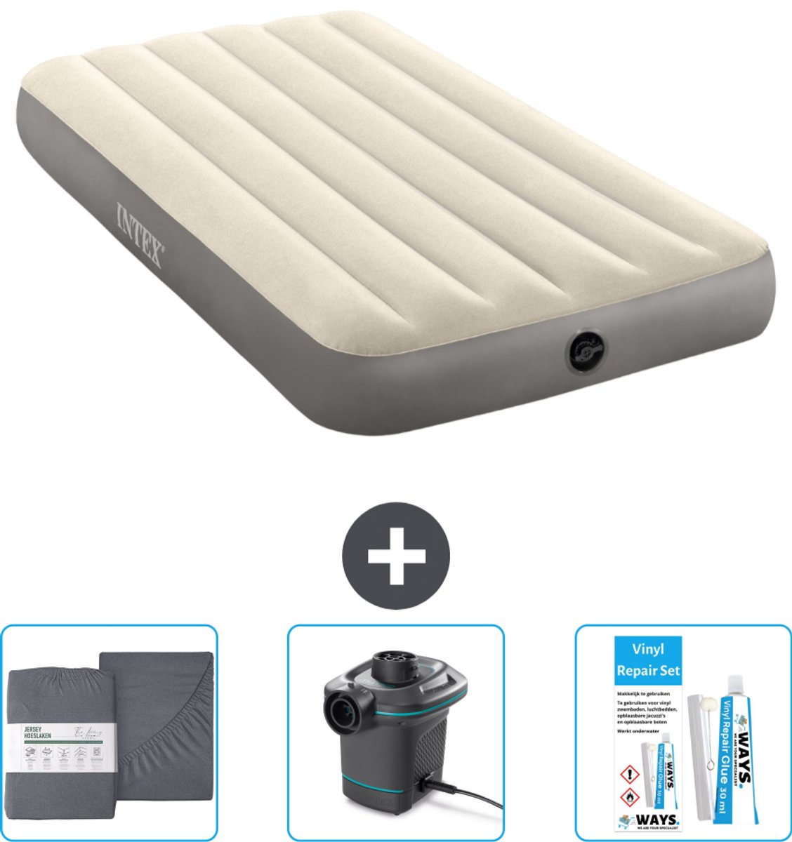 Intex Luchtbed - 1-Persoons - 99 x 191 x 25 cm - Beige - Inclusief Hoeslaken - Pomp en Reparatieset