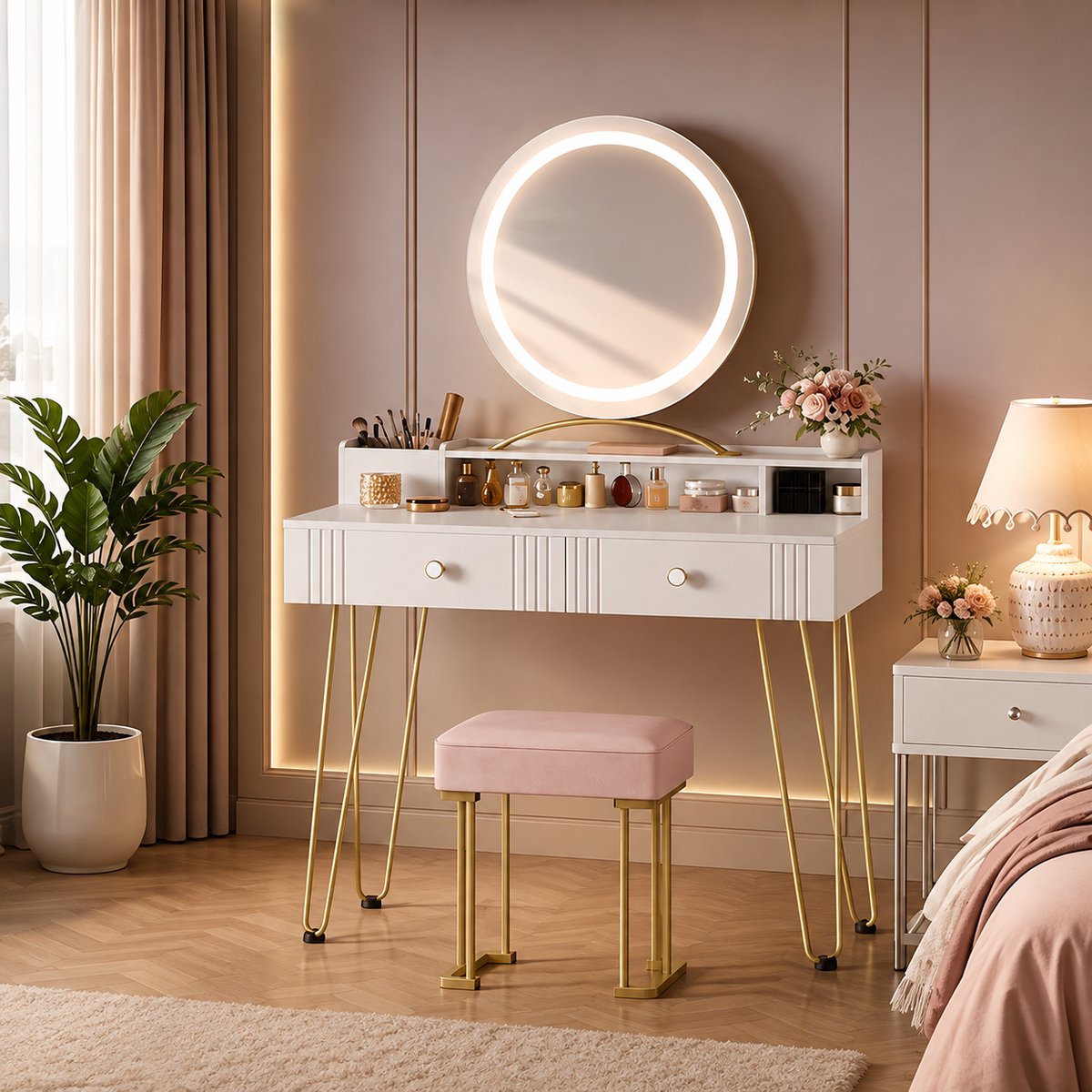 Merkloos Kaptafel met Spiegel en Verlichting, Inclusief Roze Beklede Kruk, 140x40x90 cm, Wit en Goud - Slaapkamer Meubel