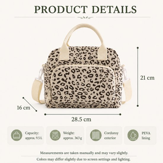 Rainbecom Koeltas Dames 9,5L - Geïsoleerde Lunchtas en Lunch Bag van Corduroy - Thermotas met Schouderband en Opbergvakken - Koeltassen Voor Werk, School en Picknick - Beige Panter van Rainbecom — afbeelding 2