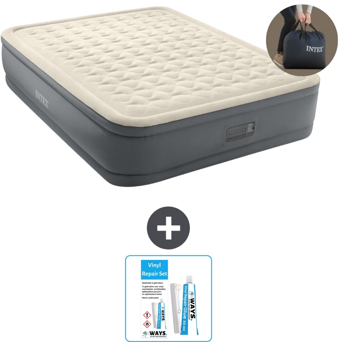 Intex Luchtbed - 2-Persoons - 152 x 203 x 46 cm - Grijs - Inclusief pomp - Reparatieset