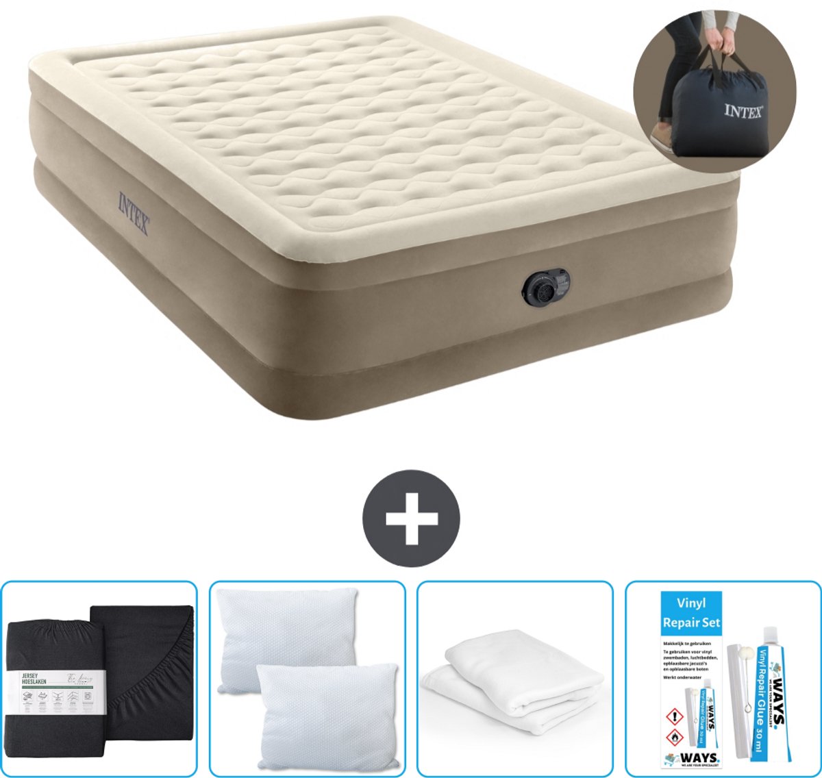 Intex Luchtbed - 2-Persoons - 152 x 203 x 46 cm - Beige - Inclusief pomp - Hoeslaken - Kussen - Reparatieset en Kussenbeschermer