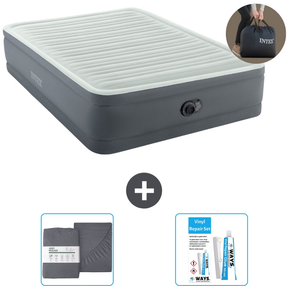 Bol.com Intex Luchtbed - 2-Persoons - 152 x 203 x 46 cm - Grijs - Inclusief pomp - Hoeslaken en Reparatieset aanbieding