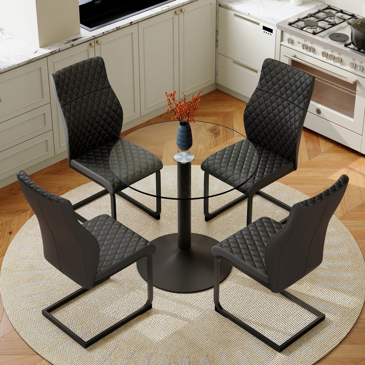 Wishdor Ronde glazen eettafel set - 4 stoelen - Hoog rugleuning - Ruitstiksel - Industrieel - Metaal en pu-leer - Zwart en transparant - 85 cm voor kleine eetruimtes
