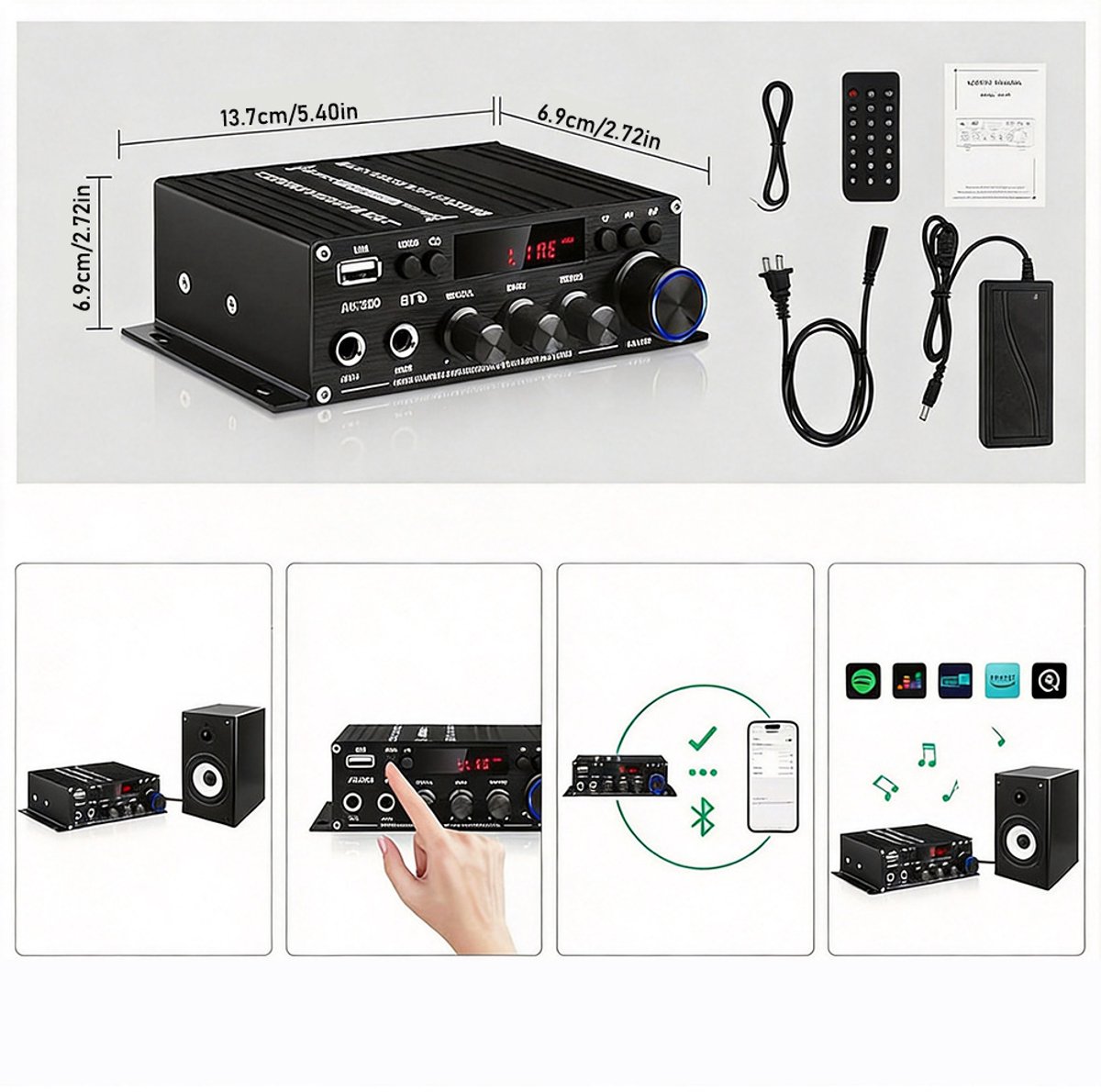 Bluetooth 5.0 Versterker - HiFi Stereo Versterker - Mini Audioversterker - 2.0 Kanaals - FM Radio - EQ 6 Standen - AUX/USB/RCA - 2 Microfoon - met Afstandsbediening - Voor Thuisbioscoop & Karaoke thumbnail 4