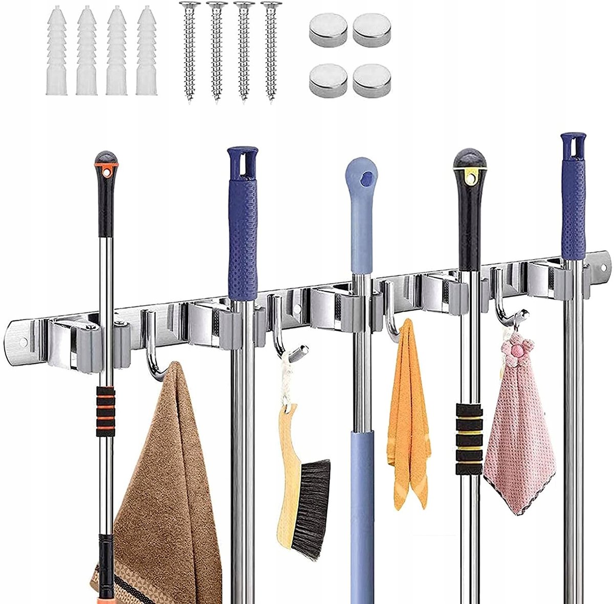 Bezemhouder - Bezem Ophangsysteem - 56cm Gereedschapshouder - Wand Opbergrek - 5 Houders 4 Haken - 27 kg Draagvermogen - 304 Roestvrij Staal - Antislip Klem - Voor Badkamer & Garage & Keuken - Ruimtebesparend