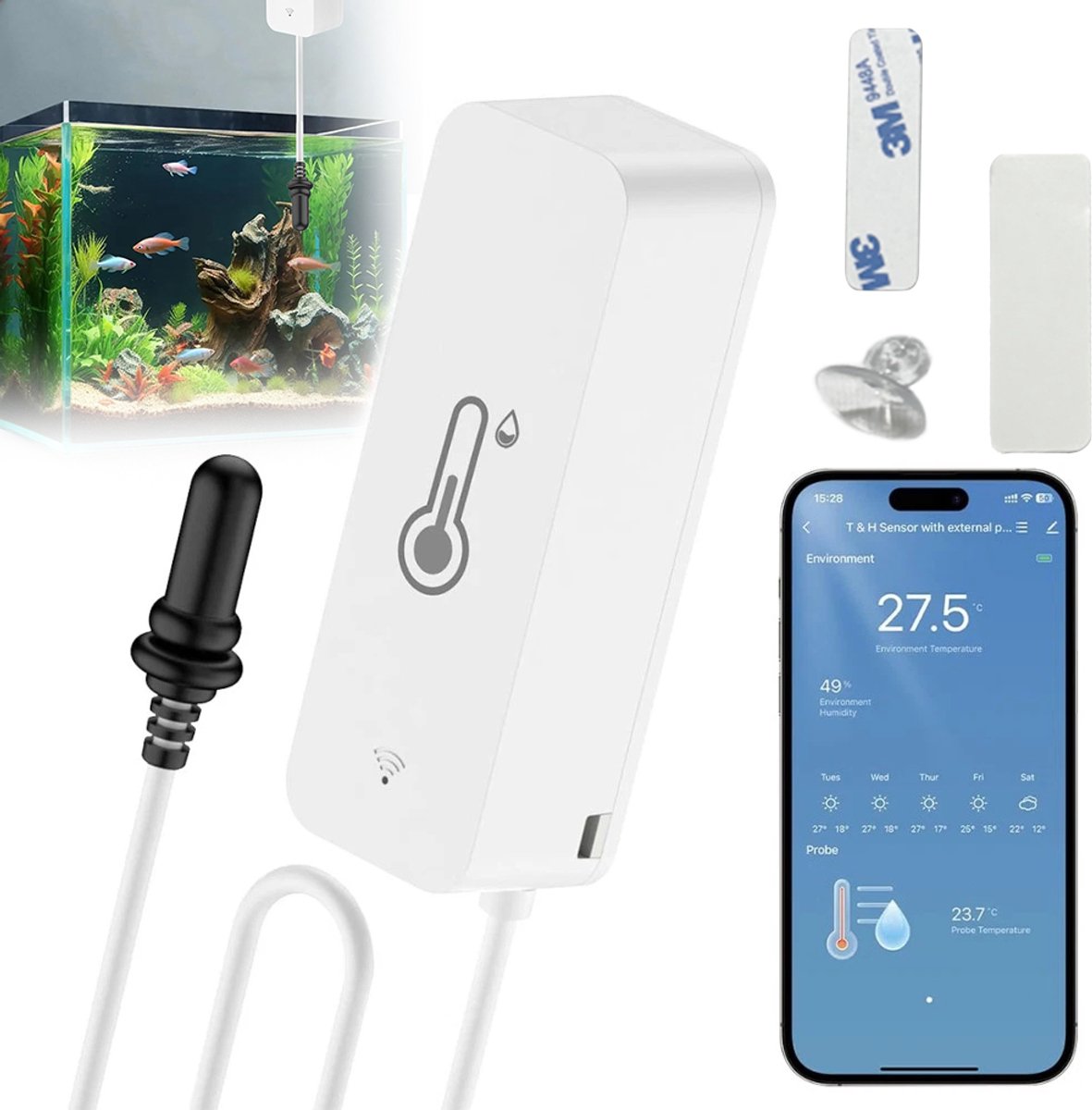 Slimme wifi-thermometer en -hygrometer - Draadloze thermometer en hygrometer - Met externe sensor - Geschikt voor binnen- en buitenlocaties zoals woningen, kantoren, kassen of magazijnen - ABS-materiaal - Batterijloos - Wit