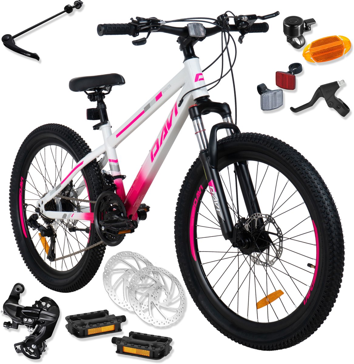 Davi Bonita – Kinderfiets – 24 inch – 21 versnellingen – Schijfremmen – 130-160 cm – Roze – Meisje