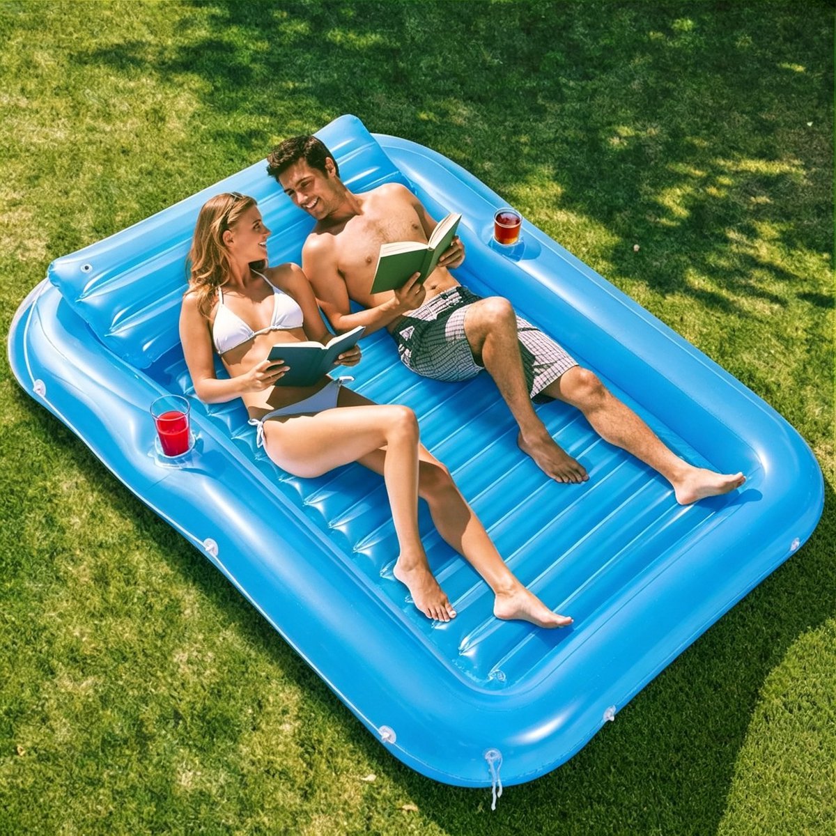 Casalora Opblaasbaar Tanning Pool Luchtbed 177*116CM - Opblaasbaar zwembad - Zwembad Lounge Bed met Rugsteun, Bekerhouders en Hoofdsteun – Comfortabel Water Luchtmatras voor Zonnebaden en Ontspanning -Blauw