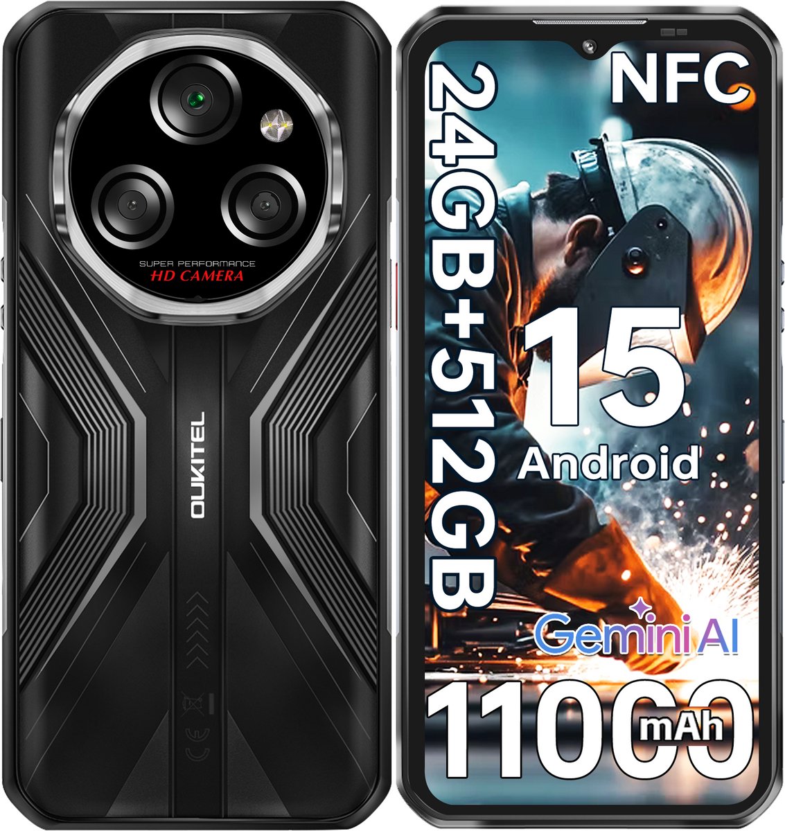 OUKITEL WP55S Outdoor Smartphone 5G-24 RAM-512 ROM-11000 mAh batterij-6.6 inch HD scherm-64MP camera-NFC-Android15