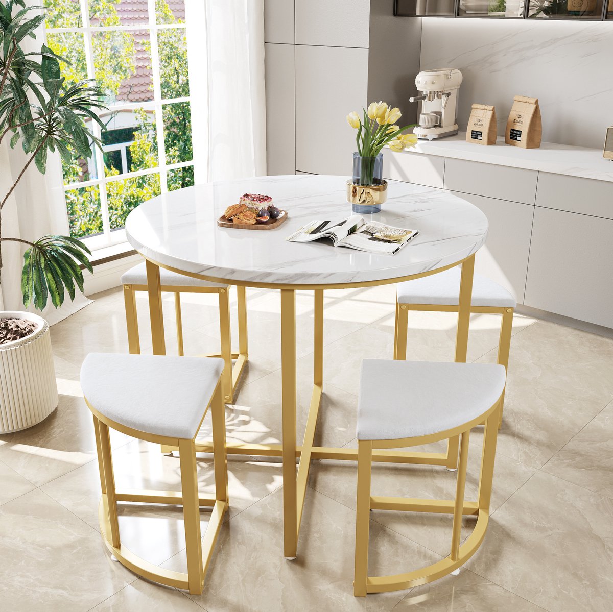 Set Tafel En Stoelen Met Vier Stoelen - Ronde Eettafel Van MDF Met Metalen Gouden Frame - Modern Voor Eetkamer En Kleine Ruimte - Wit