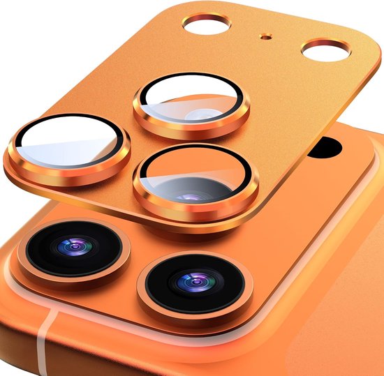 Oranje metalen camera lens protector met 3 glazen lenzen, voor iPhone 17 Pro.
