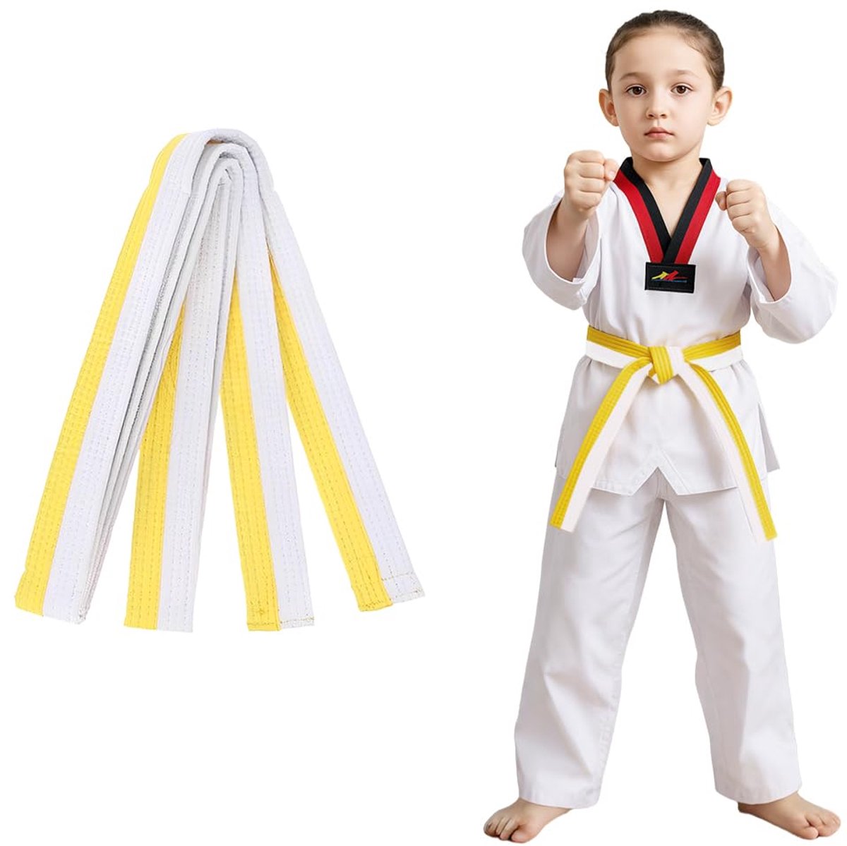 Taekwondo- en Judogürtel 160 cm in wit en geel voor kinderen en volwassenen