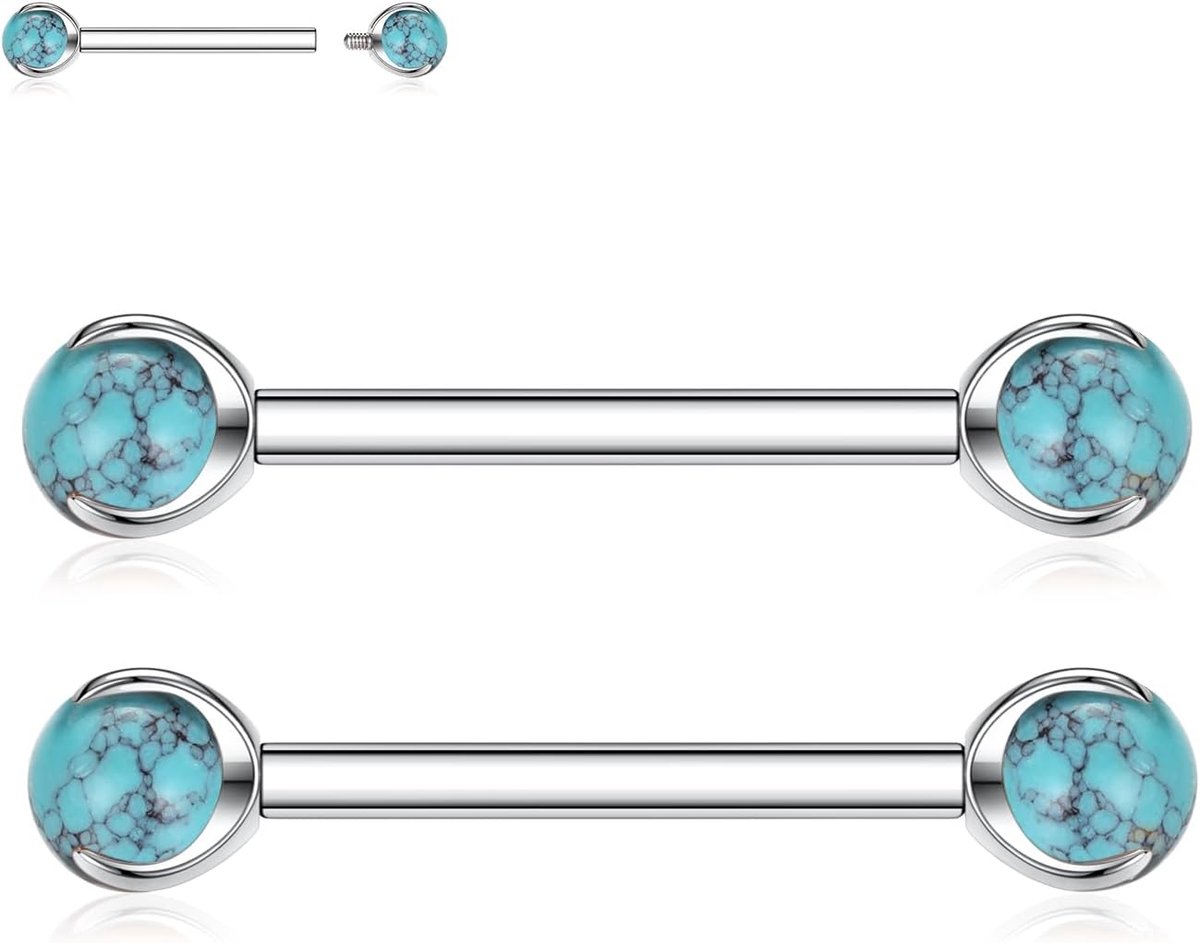 hengkaixuan 14G Nipple Rings Titanium Nipple Jewellery Internal Thread Nipple Bar Turquoise Tongue Handles Bridge - ShopVlot