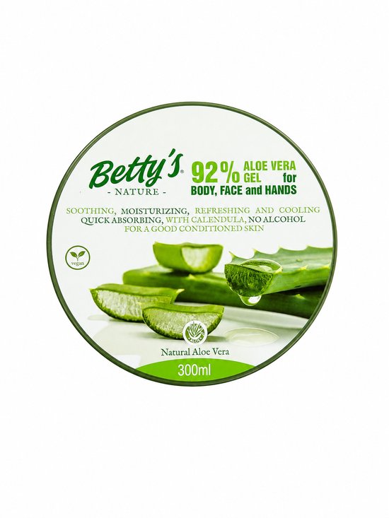 Betty's 92% Aloë Vera Gel, een groen product in een ronde verpakking met stukjes aloë vera en de tekst 'vegan' en 'Natural Aloe Vera'.