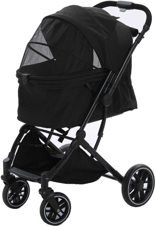 Zwarte hondenbuggy met stoffen kap, mesh ventilatie en opbergmand.