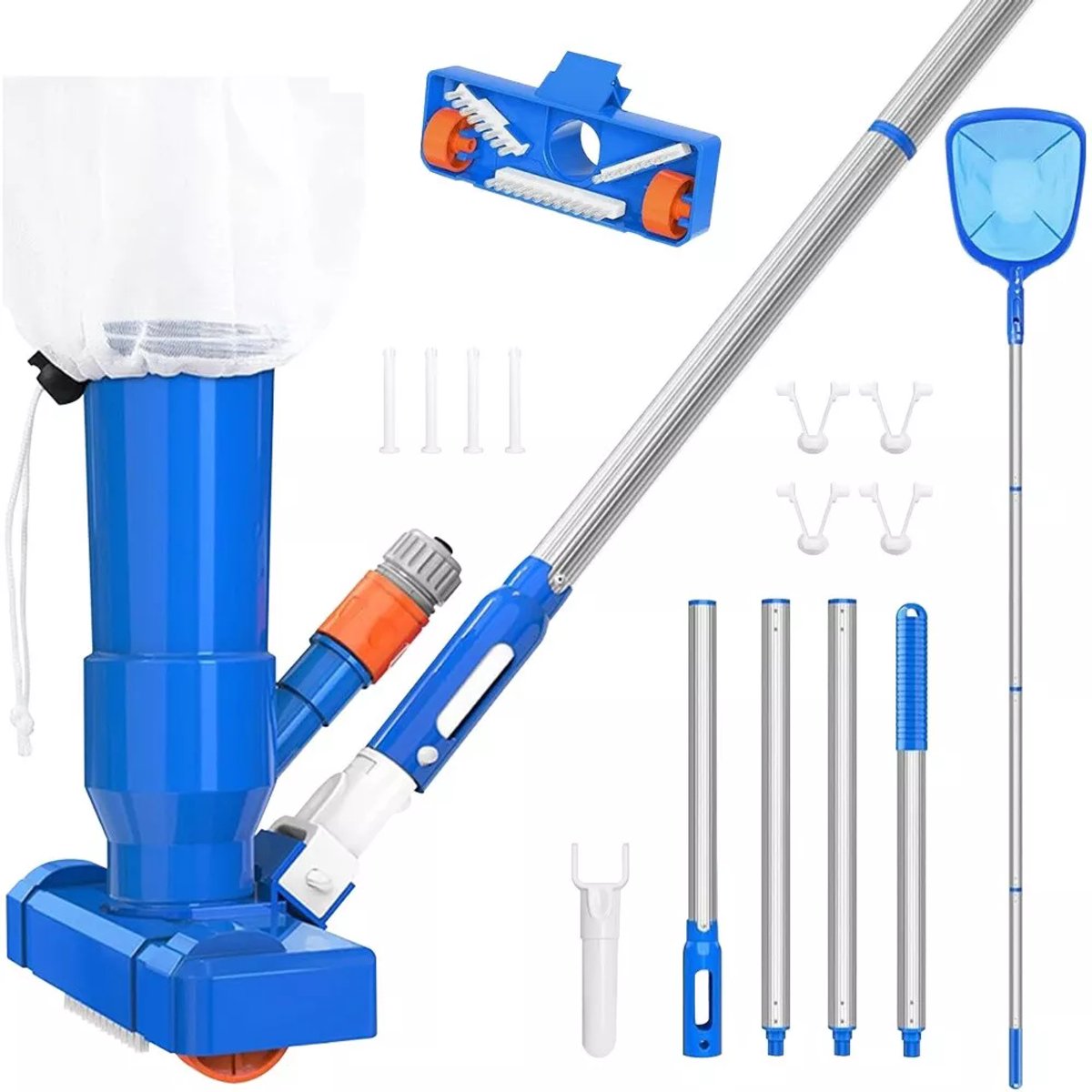 Zwembad Stofzuiger - Zwembad Zuigkop & Schepnet Set - Bodemzuiger Zwembad - Zwembadreiniger - Zwembad Bodem Reiniging - 4 Delig Telescopische Steel - Geen Elektriciteit - Voor Zwembad & Vijver & Fontein & Aquarium