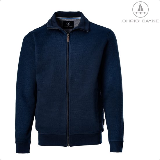 Gilet bleu marine pour homme Chris Cayne, fermeture éclair, col montant et motif texturé subtil. Les poignets et l'ourlet sont en maille.