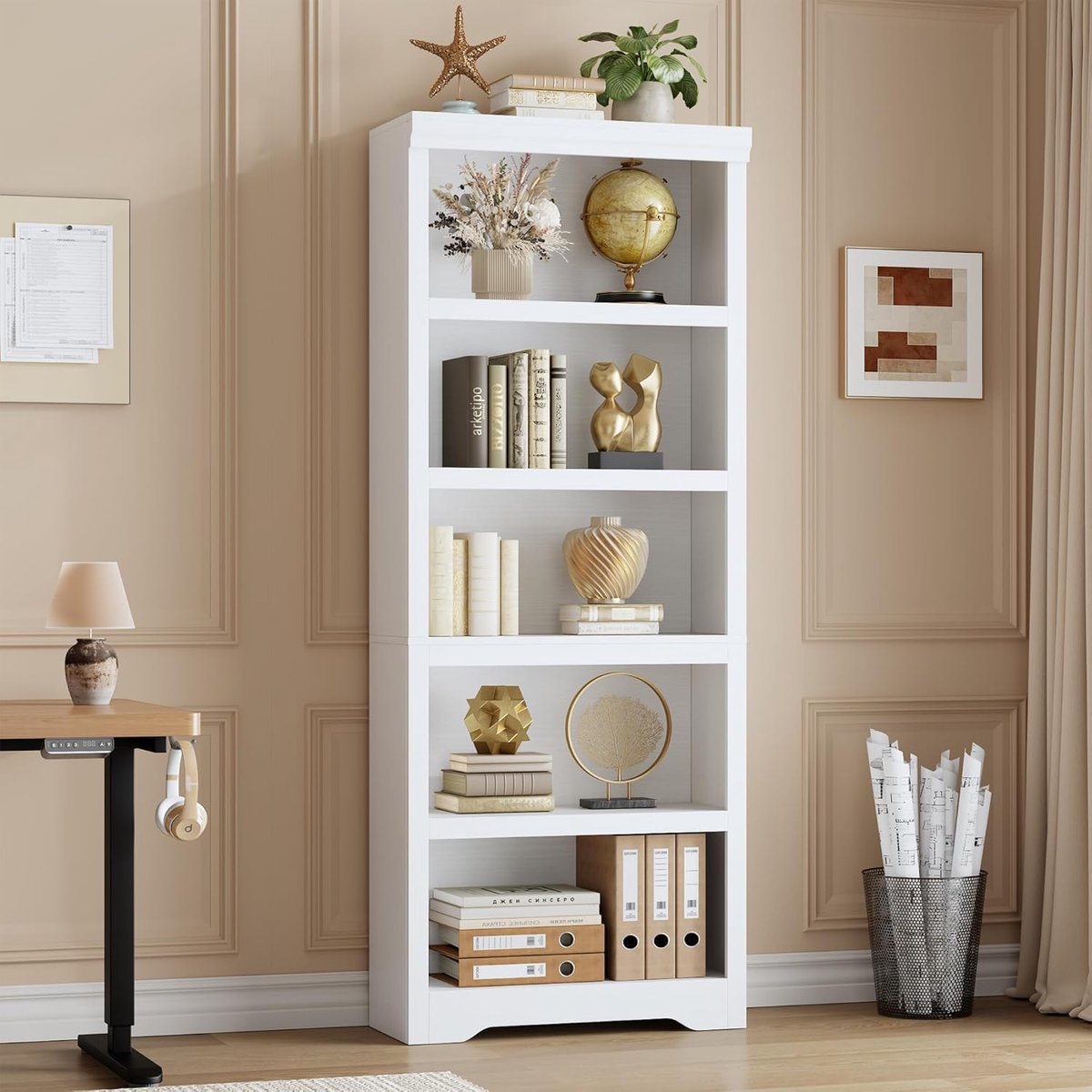 Hoge Boekenkast 5 Lagen - 60x29.5x174.5cm - Boekenkast Vintage - Verstelbare Planken - Kantelbeveiliging - Open Opbergkast - Voor Woonkamer Kantoor - Wit