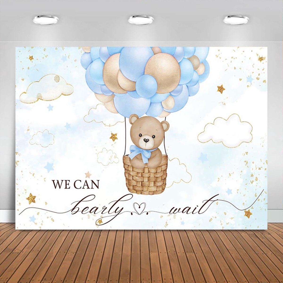 20x12cm Baby Shower Background We Can Wait Bearly Blue Bear Hot Air Balloon Photography Backdrop Newborn Baby Shower - ShopVlot