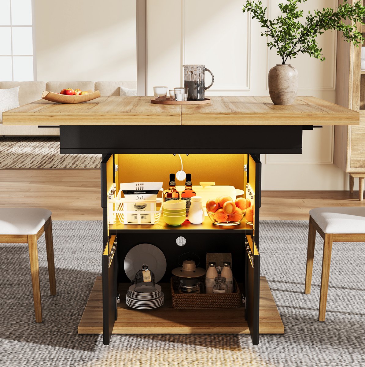 MODENUIT Tafel - Uitschuifbare Eettafel Met Opbergruimte En Ledverlichting - Mdf Metaal - Zwart - 140x80x76 Cm