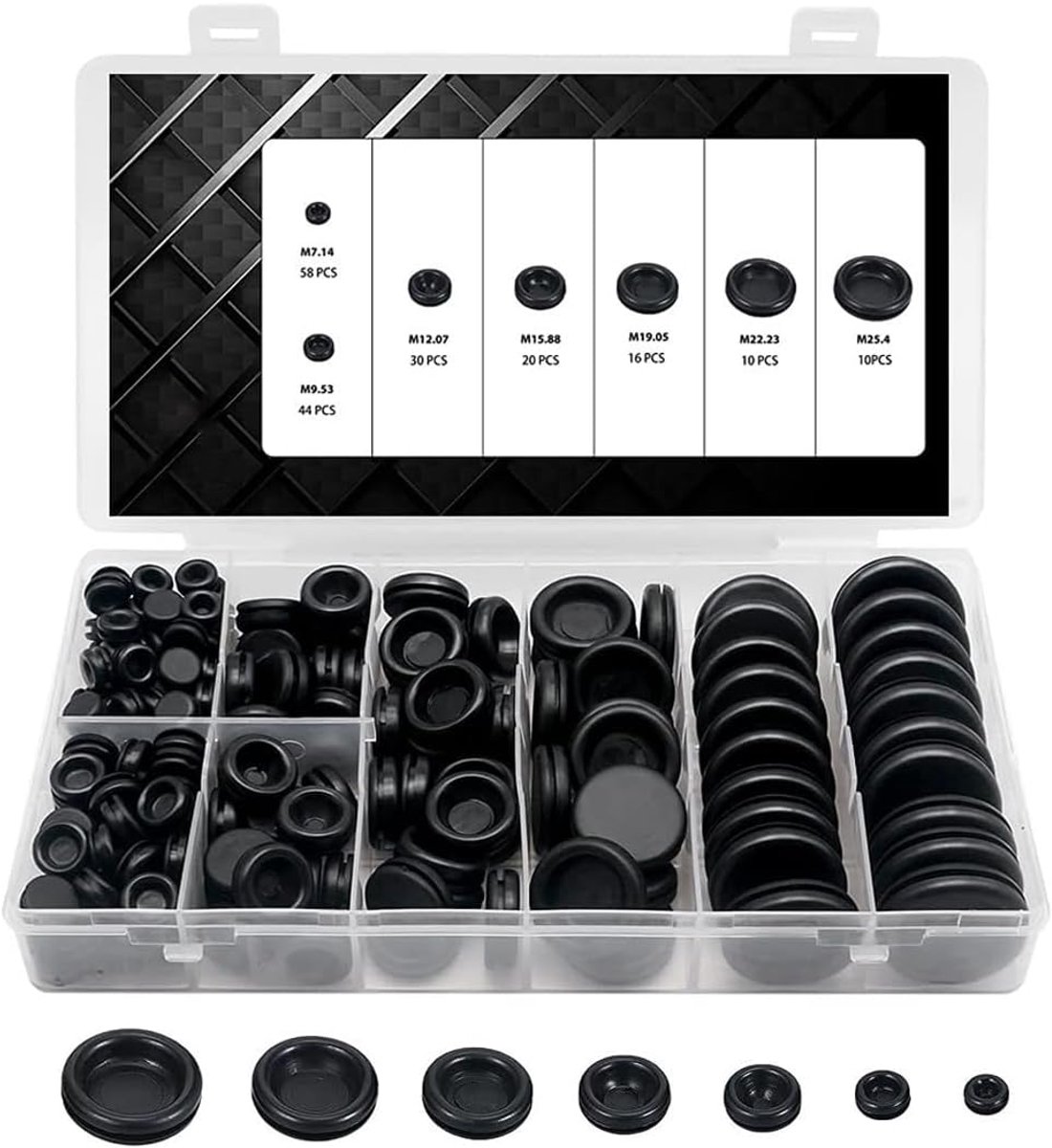 188pcs Rubber Grommet Assorted Kit, 7 Sizes M7.14, M9.53, M12.07, M15.88, M19.05, M22.23, M25.4 for Cable Protection - ShopVlot