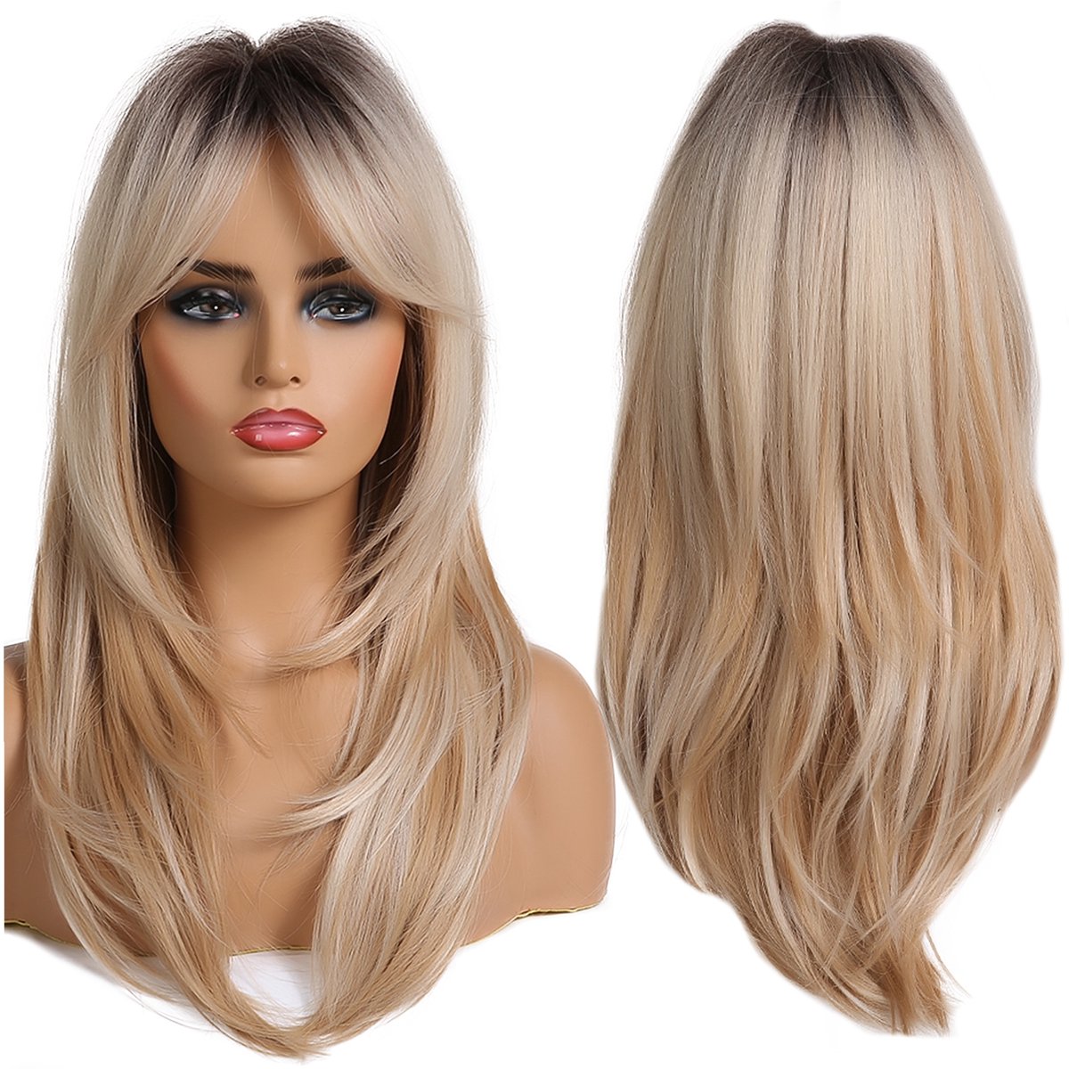Luxe Blond Ombre Pruik met Natuurlijke Golven en Pony