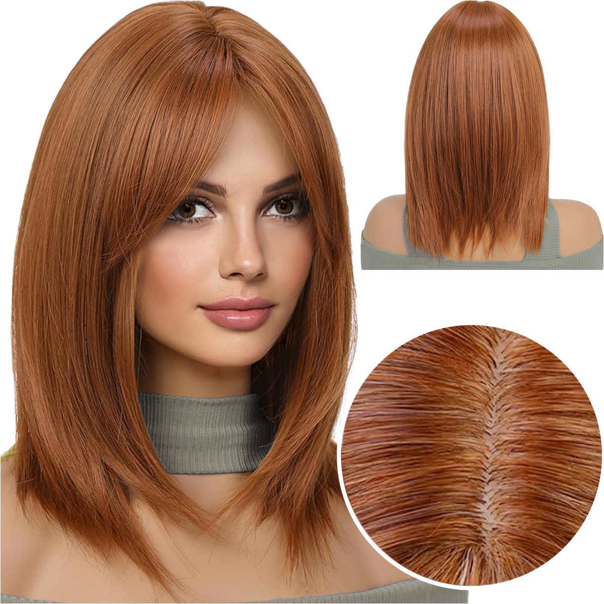 Damespruik Kort Bruin Recht Met Pony - Natuurlijke Look