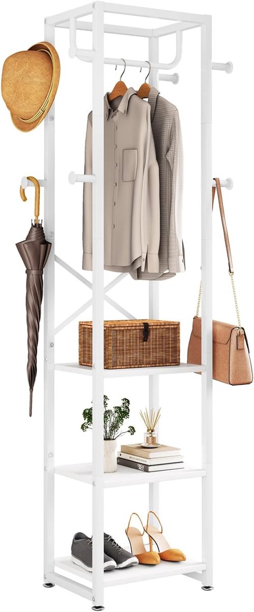 Vrijstaande Kapstok met 3 Planken en 8 Haken, Industriële Kledingstandaard voor Entree, Hal en Slaapkamer, 180 x 40 x 30 cm, Wit