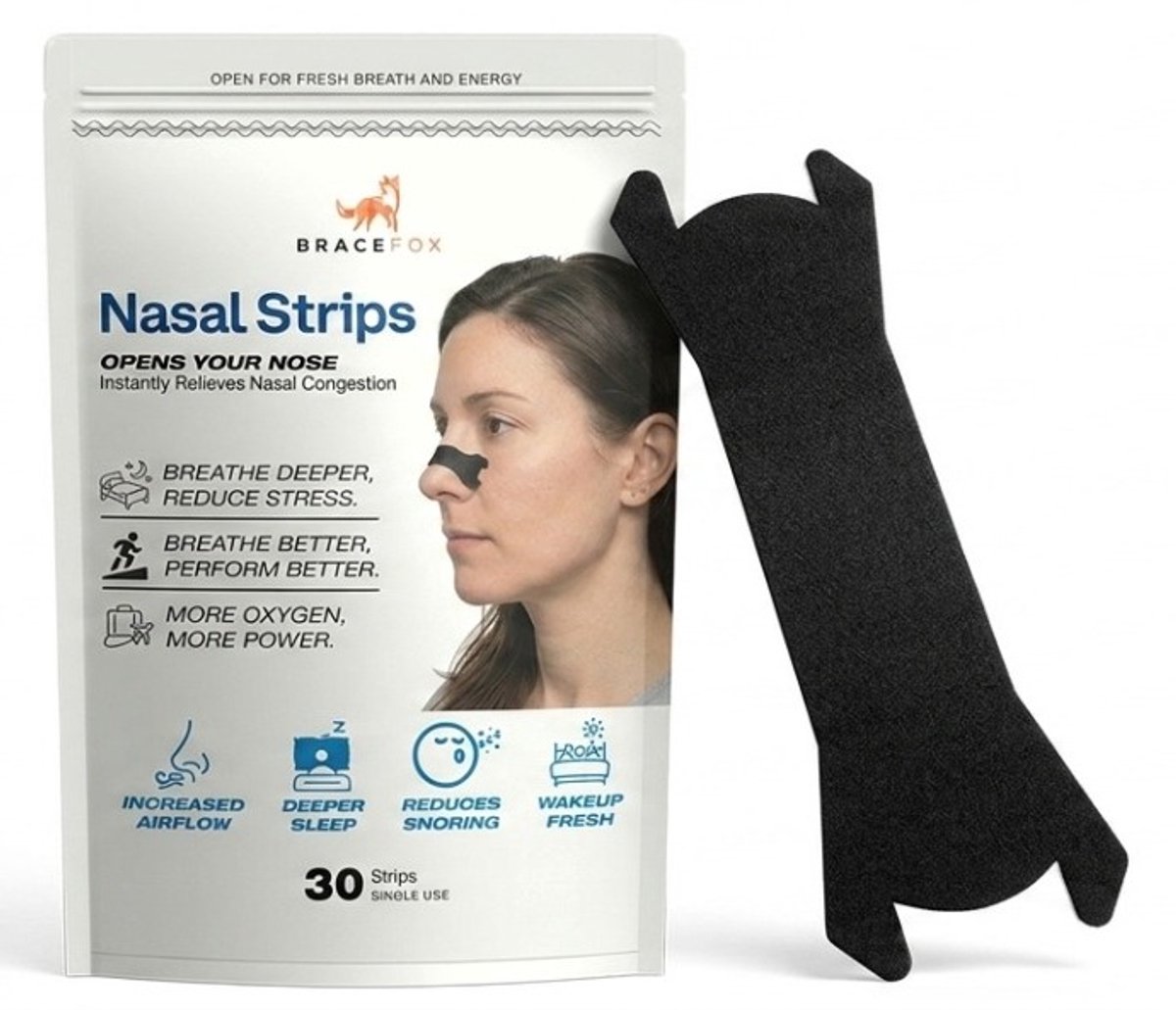 Bracefox® Neusstrips | 30 Stuks | Anti Snurk Pleisters | Neuspleisters tegen Snurken & Verstopte Neus (Verkoudheid) | Neusstrip voor Slapen | Extra Sterk | Dames & Heren | Zwart | Universele maat