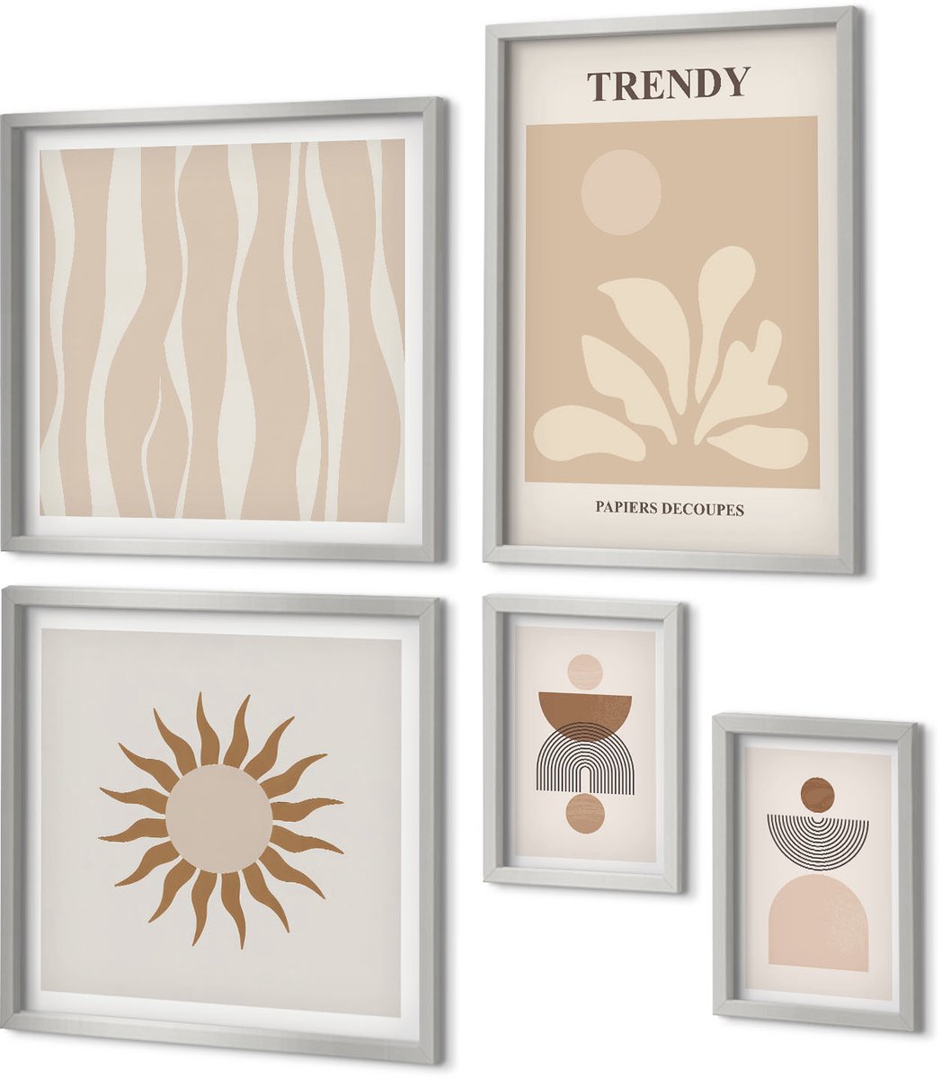 Coloray 5-Delige Schilderij Set - Abstracte Patronen In Beige En Witte Tinten. - 20 x 30 cm - Decoratieve Schilderijen - Woonkamer - Interieur