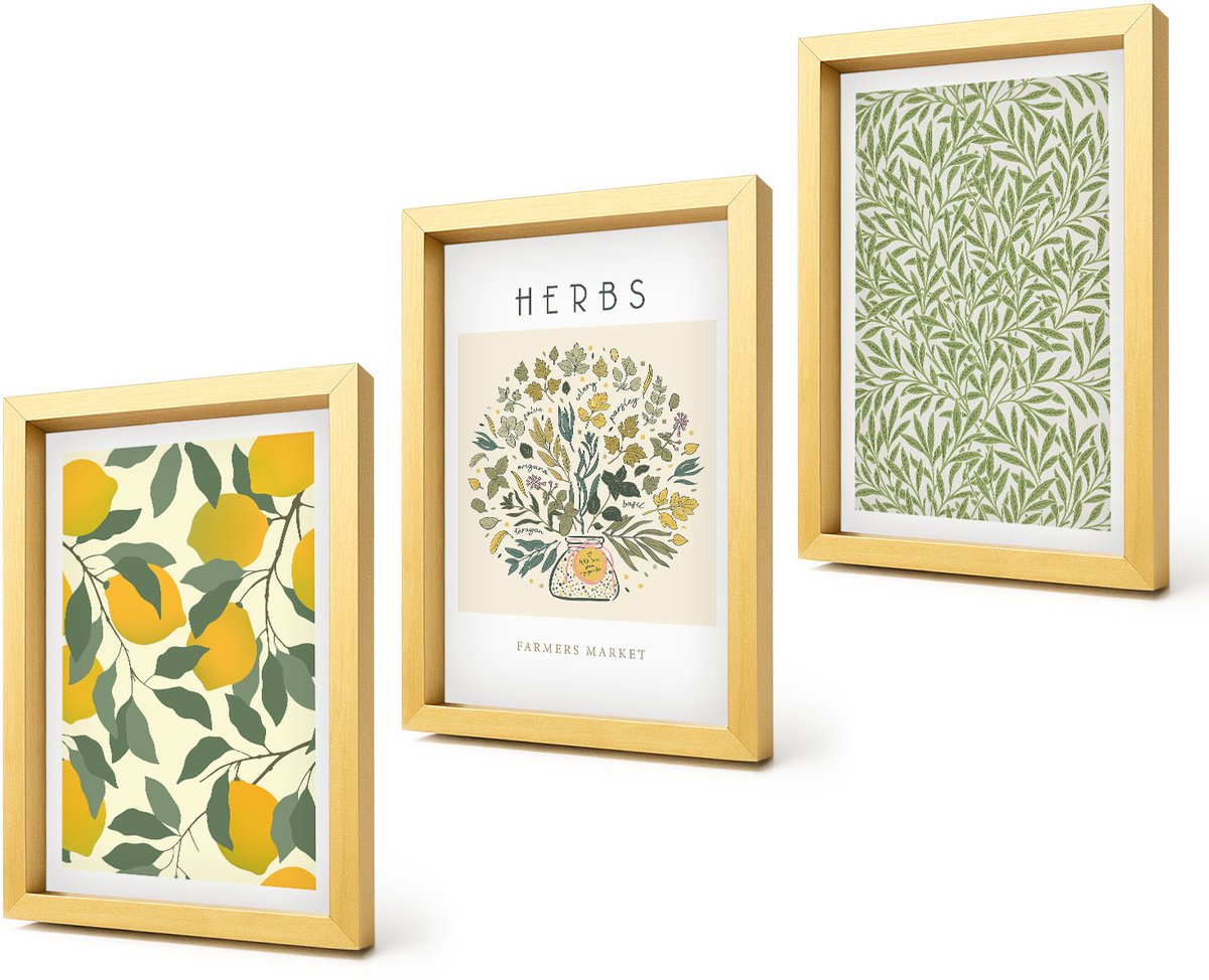 Coloray 4-Delige Schilderij Set - Citroenmotieven met kruiden en plantenbladeren - 20 x 30 cm - Wanddecoratie - Muurdecoratie - Moderne Interieurdecoratie - Decoratieve Schilderijen