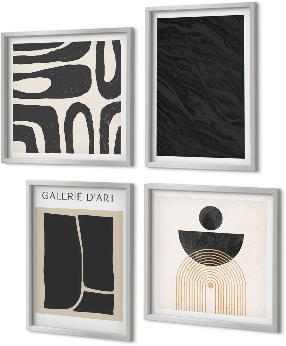 Coloray 4-Delige Schilderij Set - Abstracte vormen en donker marmer - 40 x 40 cm en 40 x 60 cm - Muurdecoratie - Wanddecoratie - Slaapkamer