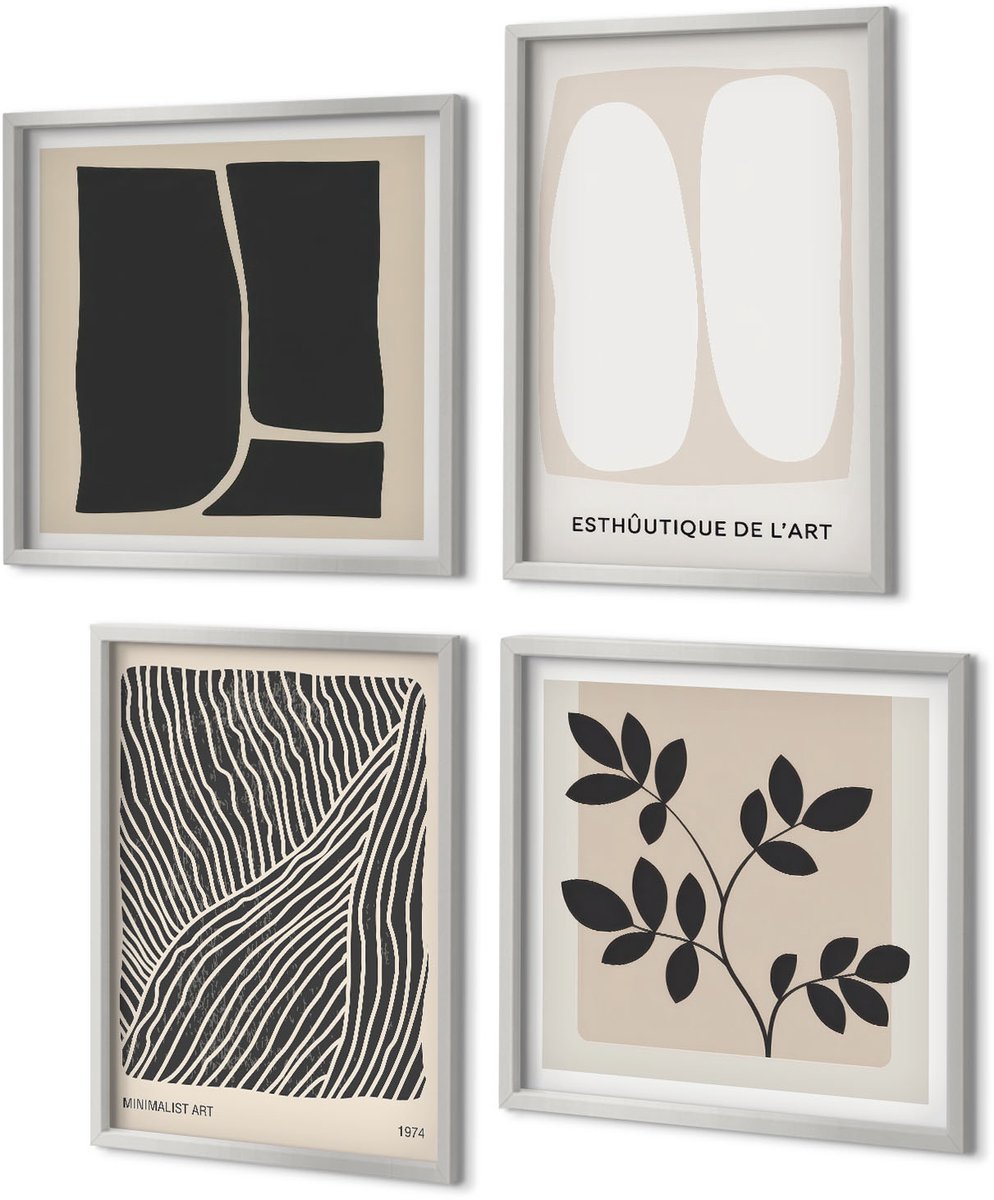 Coloray 4-Delige Schilderij Set - Bloemenpatronen en minimalistische lijnen in neutrale kleuren. - 40 x 40 cm en 40 x 60 cm - Decoratieve Schilderijen - Woonkamer - Interieur - Interieur Decoratie
