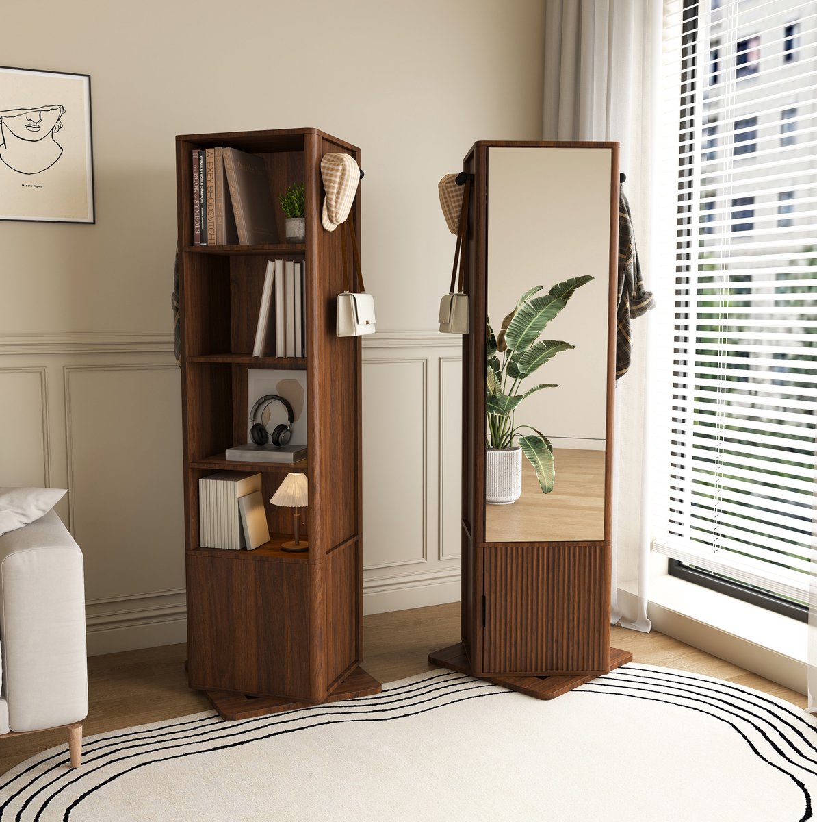 MIVRAY Spiegelkast 360 Graden Draaibaar 4 In 1 Met Volledige Spiegel Sieradenopslag Boekenrek En Haken Walnoot 50x50x170 Cm