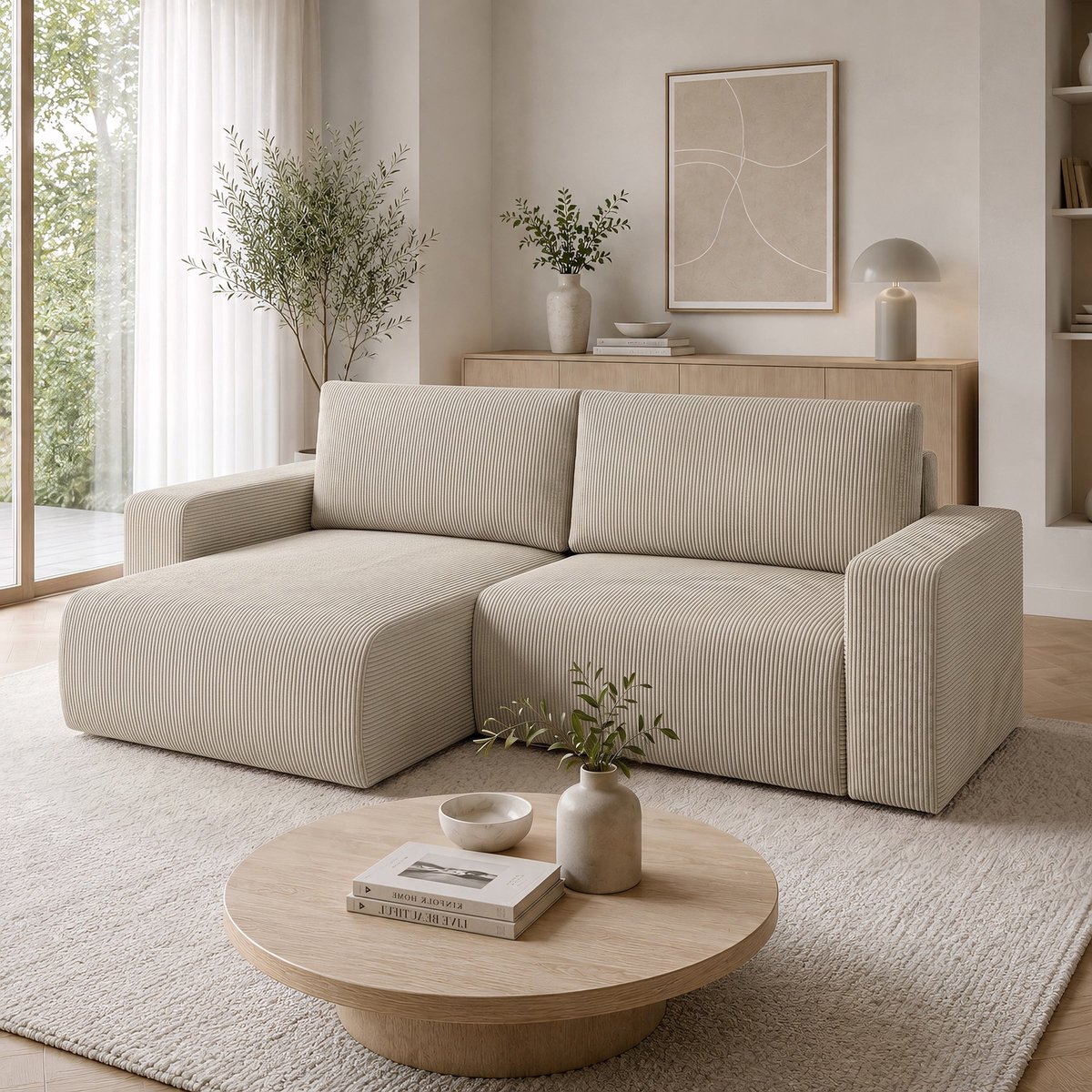 Meubella - Gruno - Hoekbank 3-zits - Ribstof beige - Links