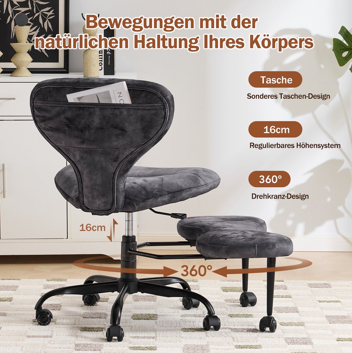 FloraGrace Bureaustoel – Verstelbare Hoogte, 360° Draaibaar & Met Wielen – Voor Thuiswerk, Meditatie en Yoga – Stof – Grijs thumbnail 3