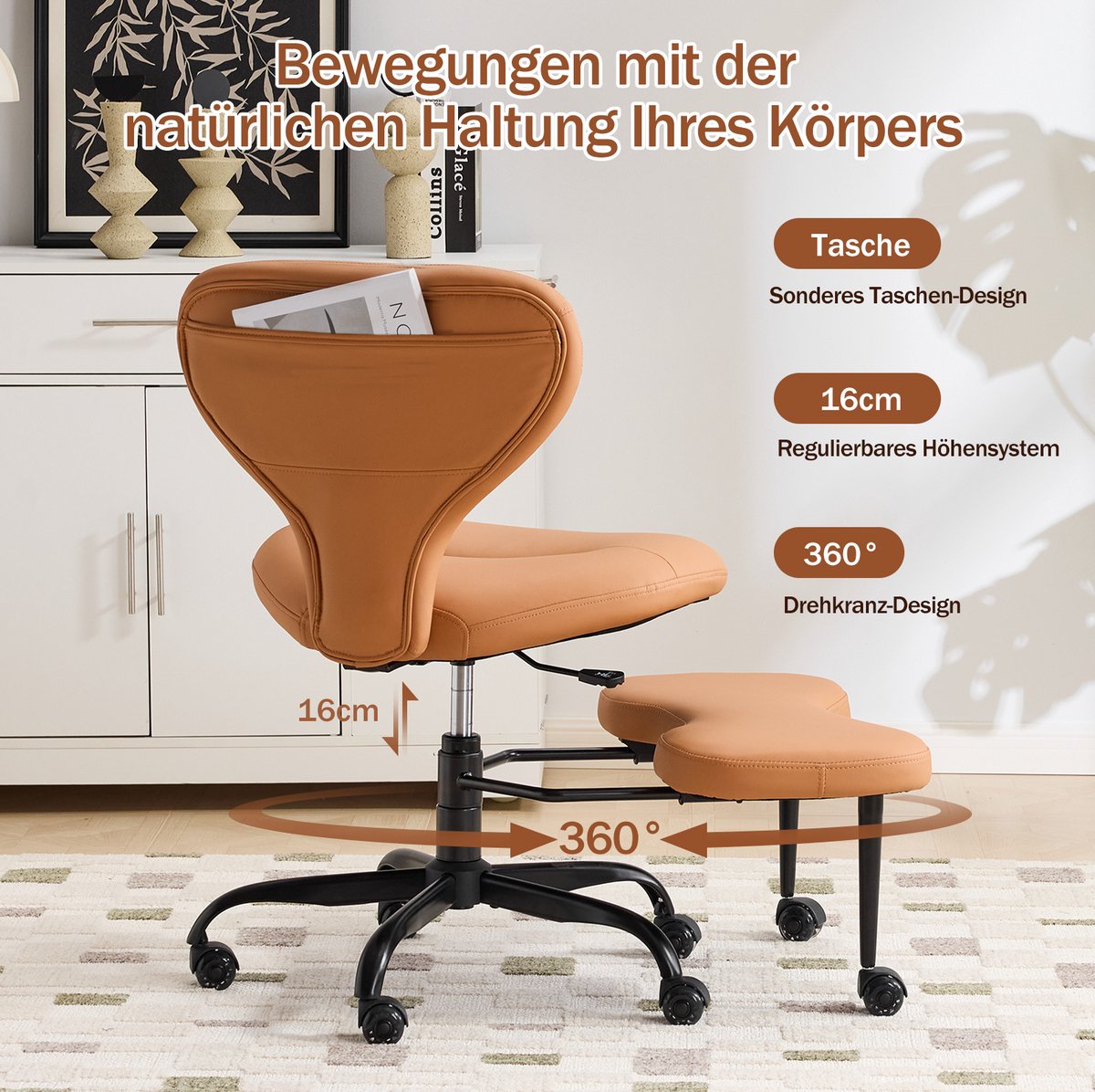 FloraGrace Bureaustoel – 360° Draaibaar En In Hoogte Verstelbaar – Zonder Armleuningen – Voor Thuiswerk, Yoga En Meditatie – Kunstleer – Oranje thumbnail 5