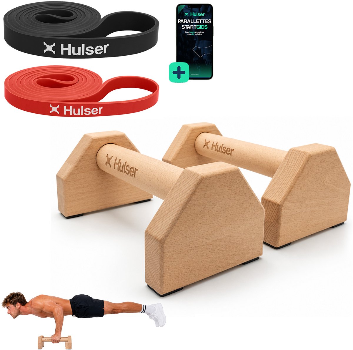 Hulser Houten Parallettes met Weerstandsbanden - 10 cm hoog - 2 Power bands van 7 tot 30 kg - Push-up bar - Met digitale startgids - Grips - Steun - Opdruksteunen - Dip bars - Opdrukken - Calisthenics - Turnen en Gymnastiek