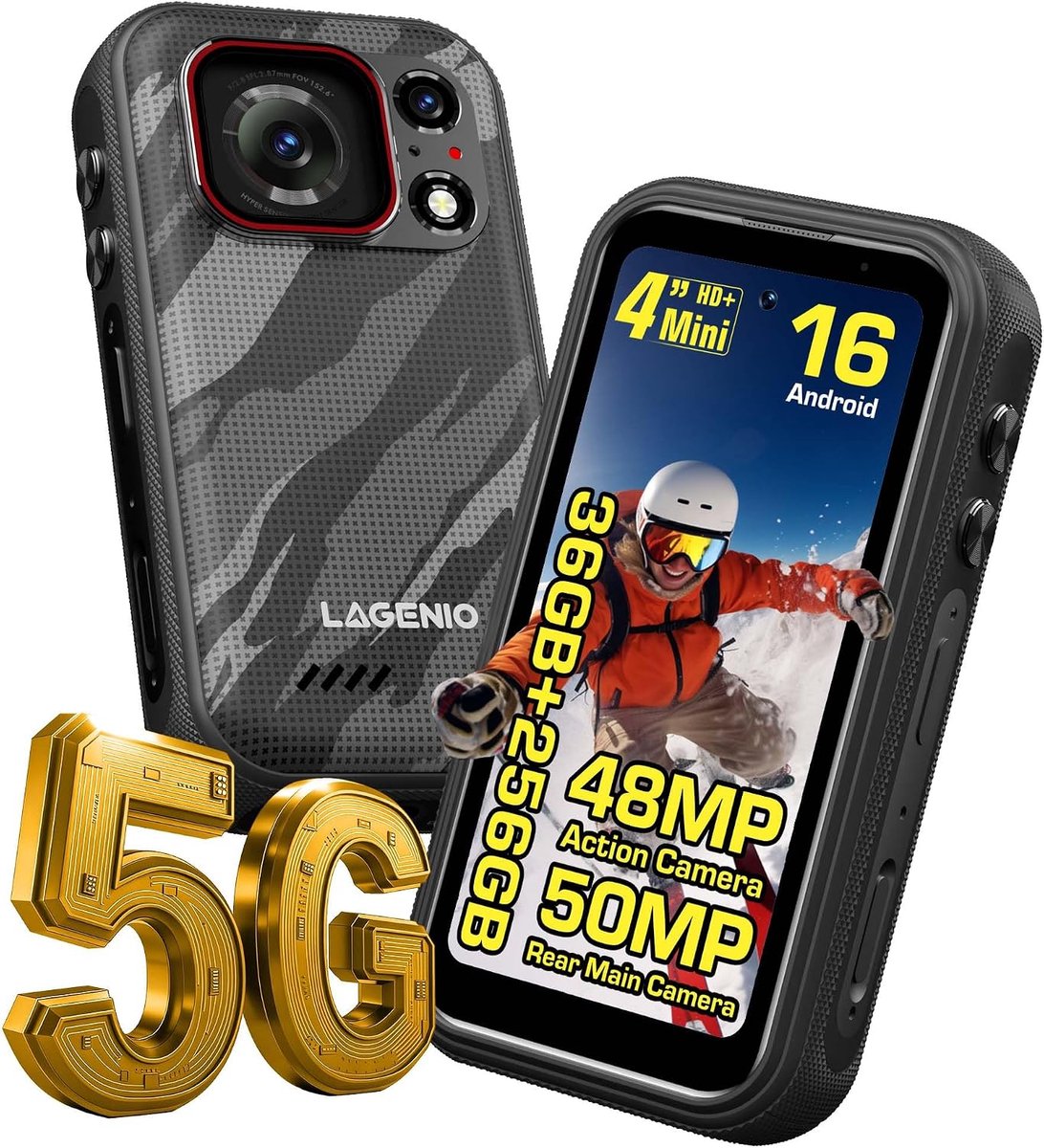 Eagle Pro Mini 5G Outdoor Smartphone Android 16, 32GB+256GB, Expandable to 1TB, 4K Action Camera, 152.6° Wide Angle - ShopVlot