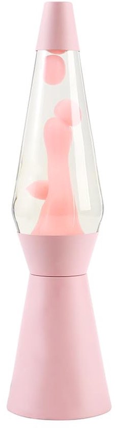 Roze lavalamp met roze bubbels die nog niet bewegen, geïsoleerd op witte achtergrond.