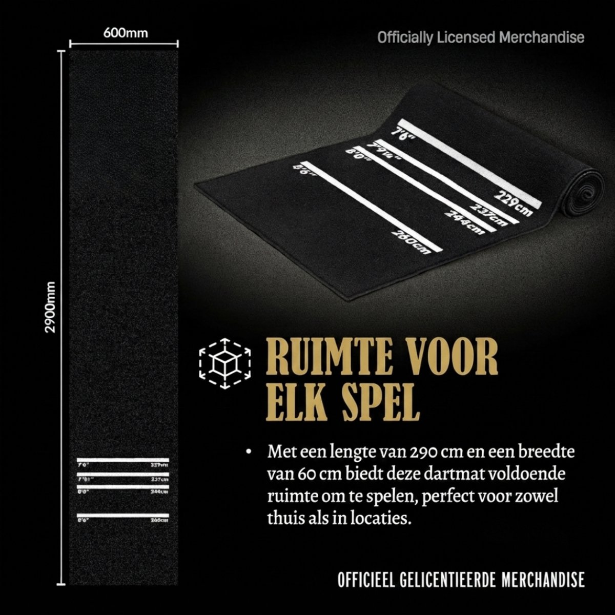 TYR® Dartmat - Dart Vloerbeschermingsmat - Dartmat Rubber - Zwart - 290cm x 60cm x 1cm