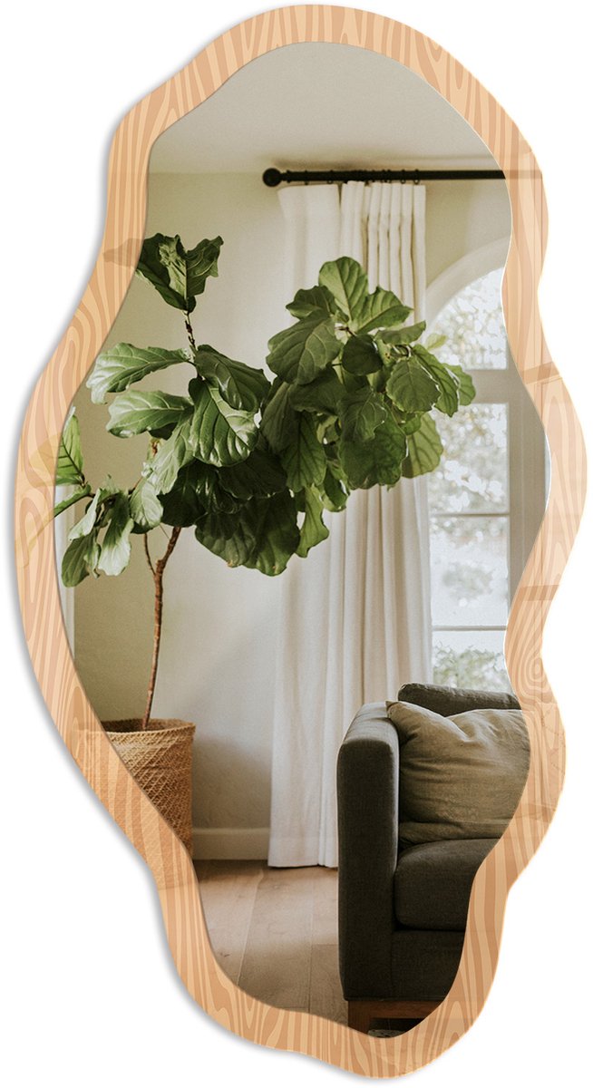 TULUP Houtpatroon Spiegel - Bruin Rechthoekige Spiegel Voor Interieur - Organische Spiegel - Woonkamer, Kantoor, Slaapkamer - Minimalistisch - 45x90 cm - Totale afmeting 52x97 cm HoutnerfpatroonStructuur, Bruin