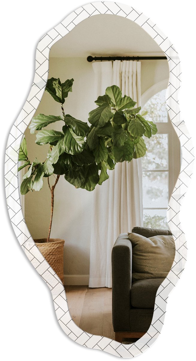 Tulup Witte Visgraat Spiegel - Wit Rechthoekige Spiegel Voor Interieur - Organische Spiegel - Kantoor, Woonkamer, Slaapkamer - Geometrisch - 45x90 cm - Totale afmeting 52x97 cm