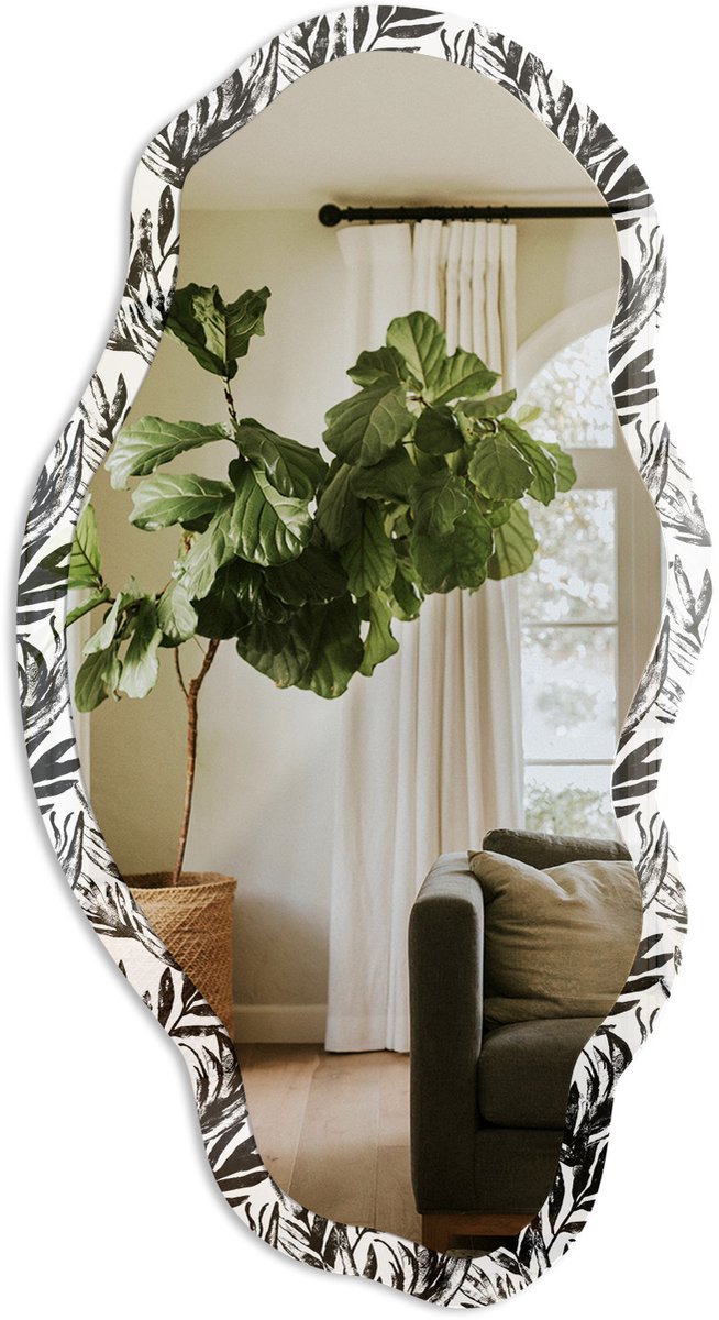TULUP Plantenpatroon Spiegel - Zwart Rechthoekige Spiegel Met Modern Design - Organische Spiegel - Woonkamer - Illustratief - 45x90 cm - Totale afmeting 52x97 cm Plantenpatroon, Zwart